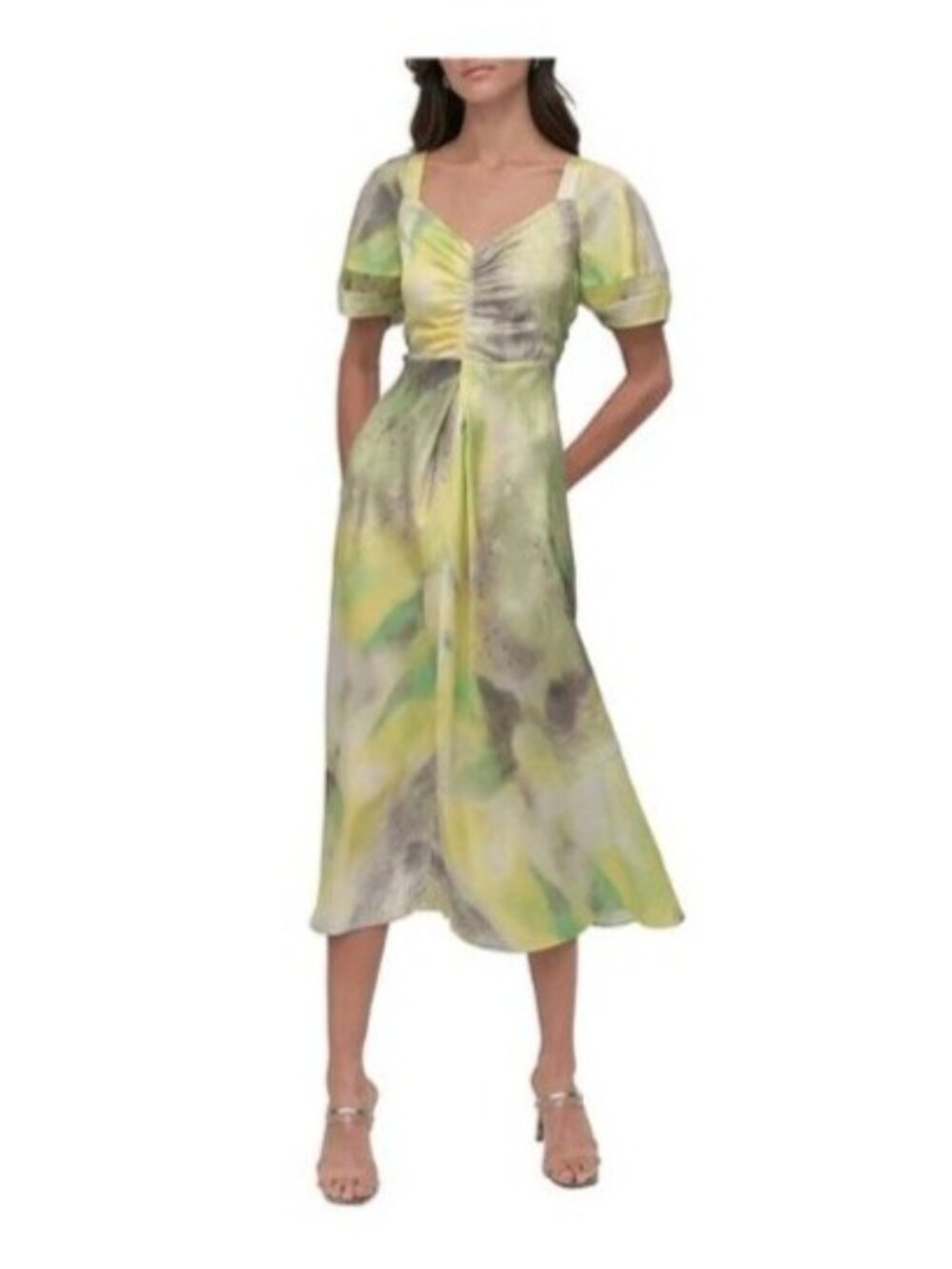 DKNY Donna Karan Satin V-Neck Short Sleeve Ruche  Midi Dress size XL new $129